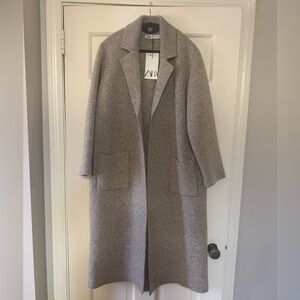 NWT- Zara Open Front Long Coat in Grey, Made with wool, Size L/XL.